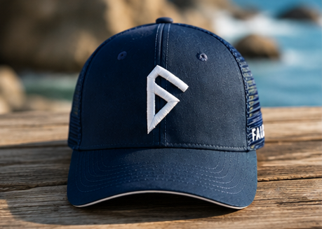 Casquette trucker navy Falco vue de face, broderie 3D du logo