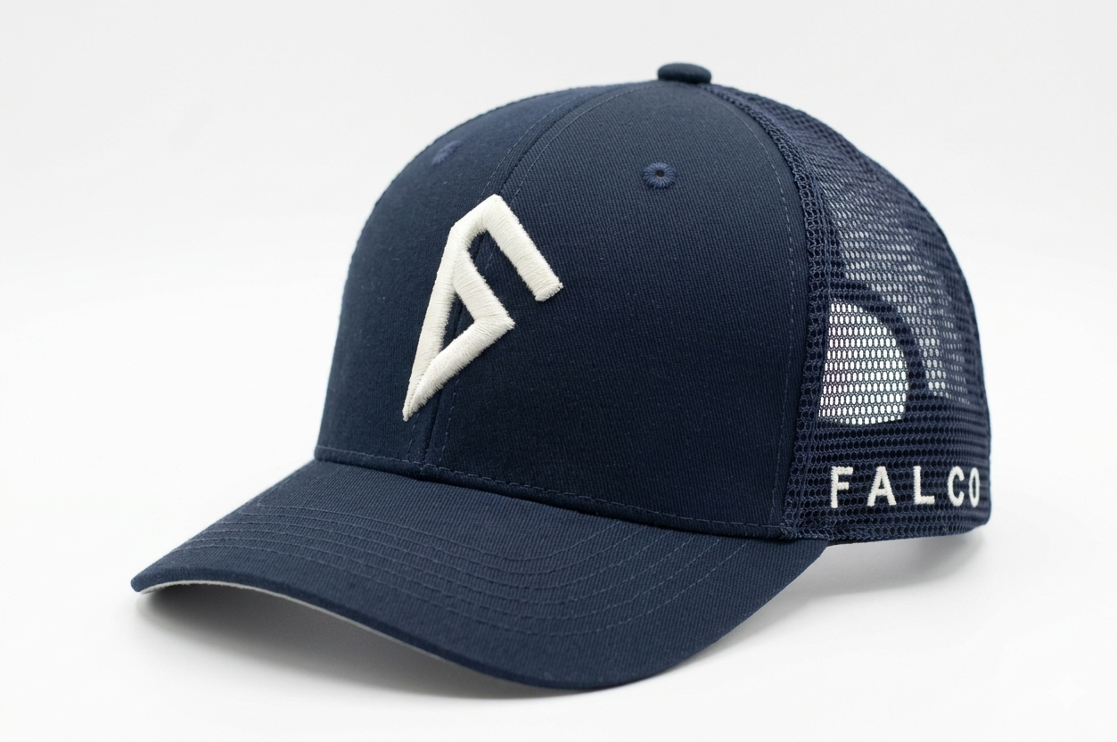 Casquette trucker navy Falco de trois-quarts, logo latéral crème